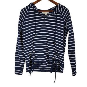 Michael Kors Women's Sz Sm Pullover Hoodie Navy and White Striped Lace Up Detail